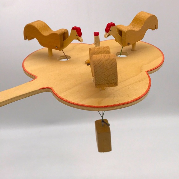 None Other - Vintage Wooden Handheld Chicken’s Pecking Corn Paddle Folk-Art Toy